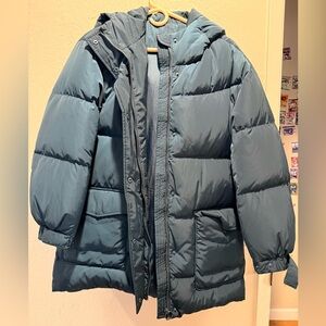 Olive Des Olive Long Puffer Jacket Hood Blue Green Size 1